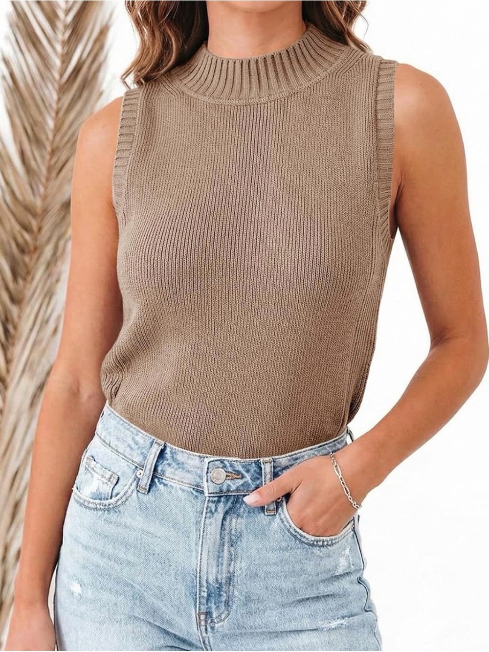 Sleeveless Knit Mock Neck Tank Top - Taupe